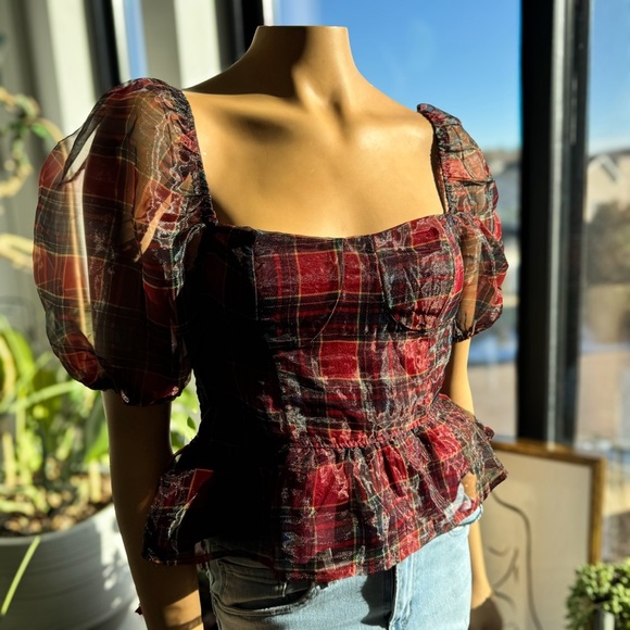 Andy Plaid Puff Sleeve Blouse by Audrey Parks of Francesca’s, NWT, Sizes: S & L - Picture 5 of 10